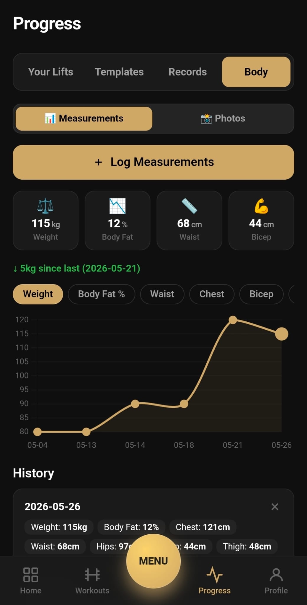 Body measurements section with weight, body fat, waist, bicep tracking